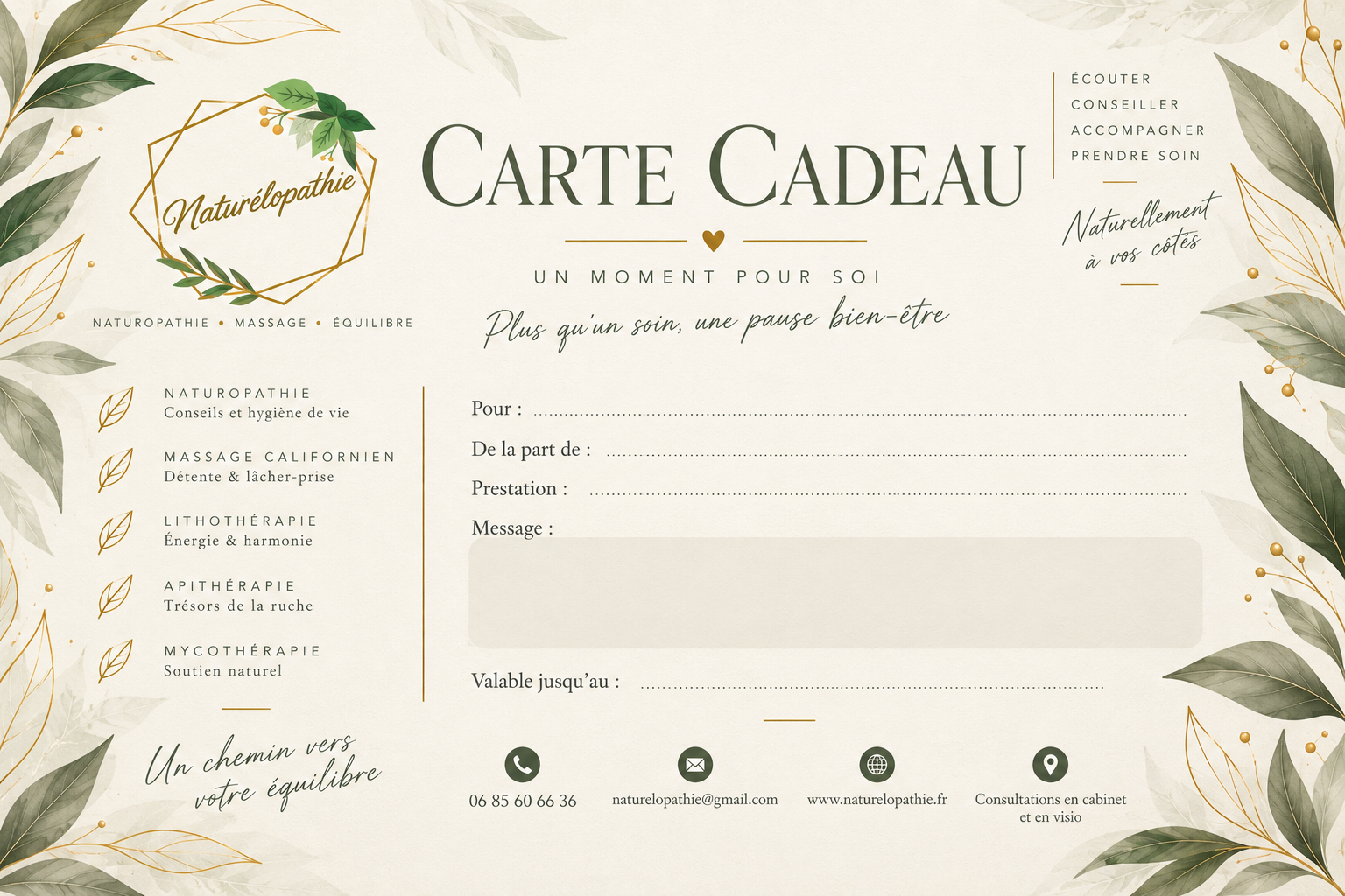 Carte cadeau Naturelopathie – naturopathie et massage Californien